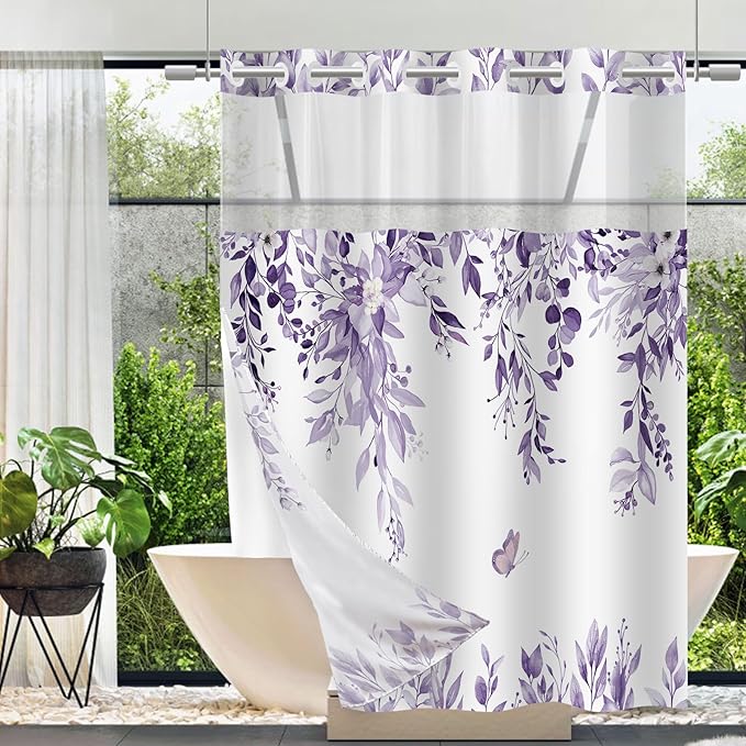 No Hook Shower Curtain and Liner Set, Light Purple Eucalyptus Floral Shower by TWLSNCD