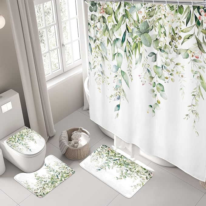 Riyidecor Green Eucalyptus 4Pcs Bathroom Shower Curtain Sets Plants Botanical - Image 3