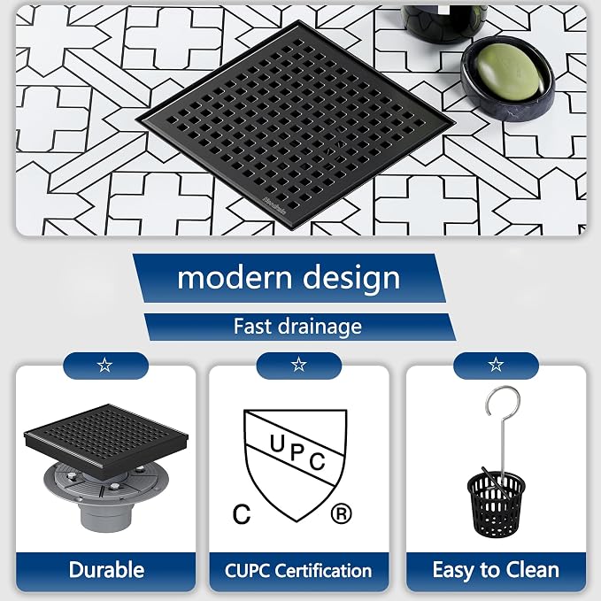 Neodrain 6 Inch Square Shower Drain, 304 Stainless Steel Bathroom Drainage - Image 4