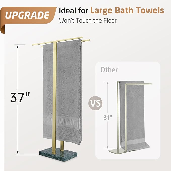 KES Standing Towel Rack with Green Natural Marble Base, Fits Large Bath Towel - Image 2