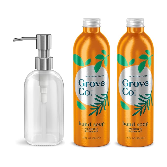 Grove Co. Hydrating Gel Hand Soap Refills + 1 x Reusable Glass Soap Dispenser by GroveCo