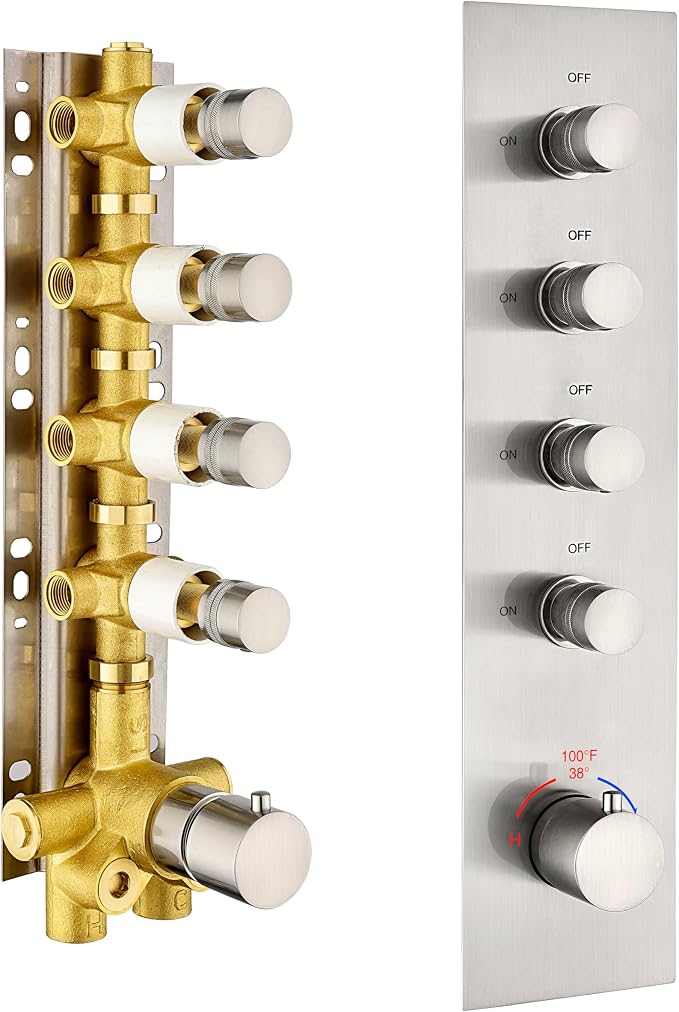 Brass Brushed-Nickel 4-Way Thermostatic Shower Diverter Valve by OMEKNTOP