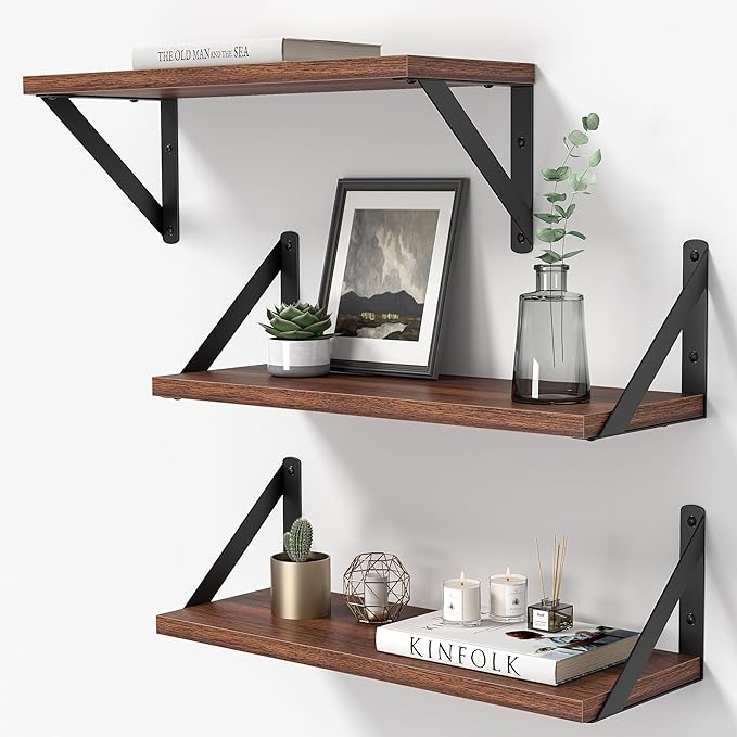 Heimlove Floating Shelves for Wall, 16 Inch Long Wood Floating Shelves Set of 3 by Heimlove