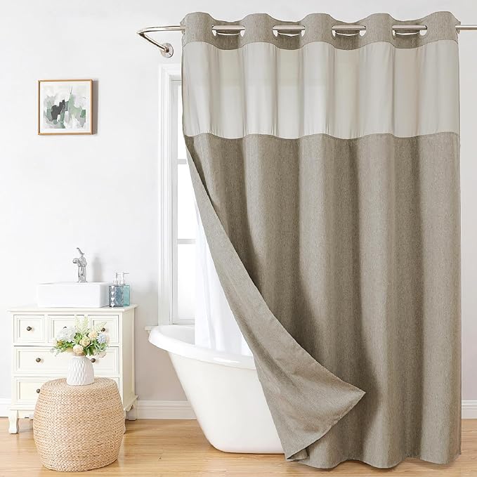 Extra Long No Hooks Needed Linen Textured Shower Curtain by EACHOPE