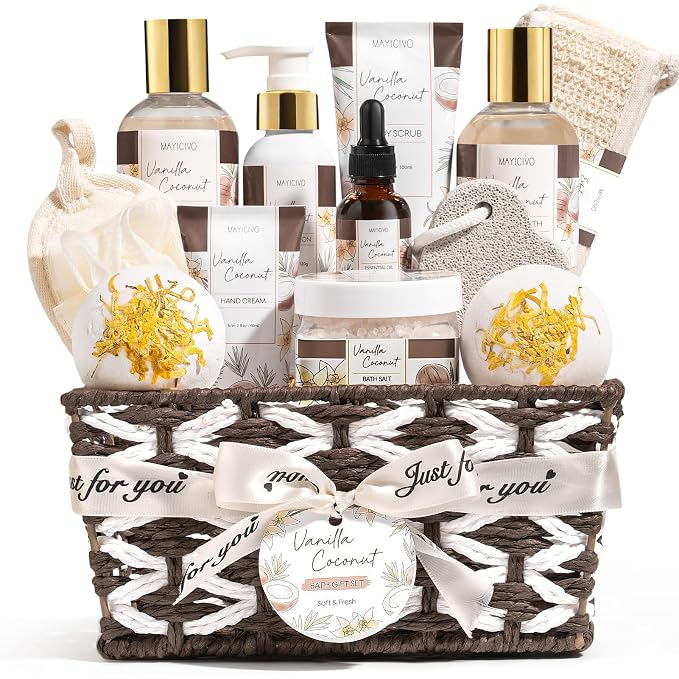Christmas Birthday Gifts for Women, Vanilla Coconut Relaxing Spa Gift Baskets by MAYICIVO