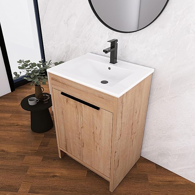 24 Inch Bathroom Vanity with Ceramic Sink, Freestanding Brown Single Sink by Unknown