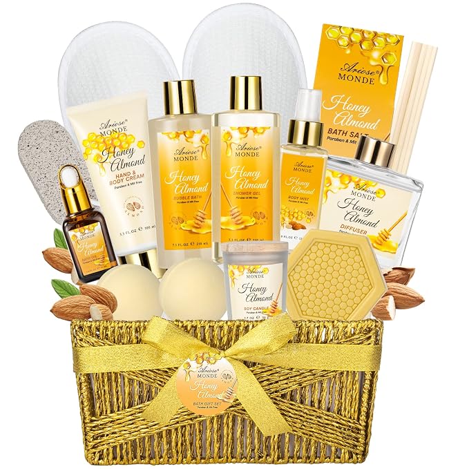 Bath & Body Gift Set, Luxury Home Spa Bath Gift Basket, Honey Almond Scented by Ariosemonde