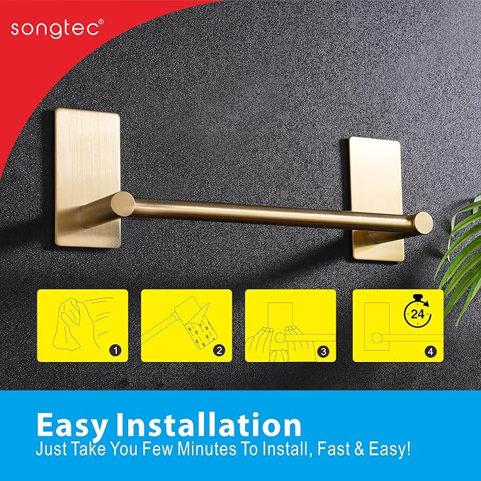 Songtec Gold Towel Bar 9-Inch, Adhesive Bath Towel Rack No Drill, Strong - Image 7