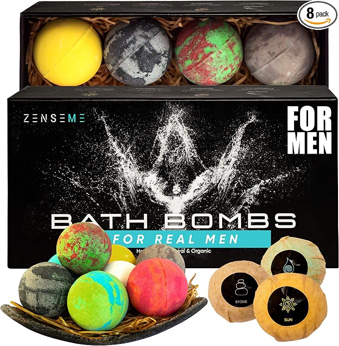 Bath Bombs for Men, Gift Set of 8 Scented Organic Handmade Bath Bombs of 2.5 oz by Zenseme