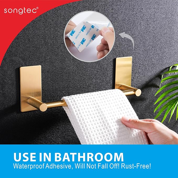 Songtec Gold Towel Bar 12-Inch, Adhesive Stick On Bath Towel Rack No Drill - Image 5